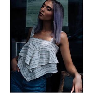 BP Tiered Linen Blend Striped Top Large